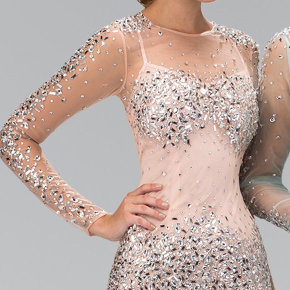 NEW BODYCON TULLE DRESS WITH ILLUSION SCOOP NECK EMBROIDERED WITH SEQUINS GS2135
